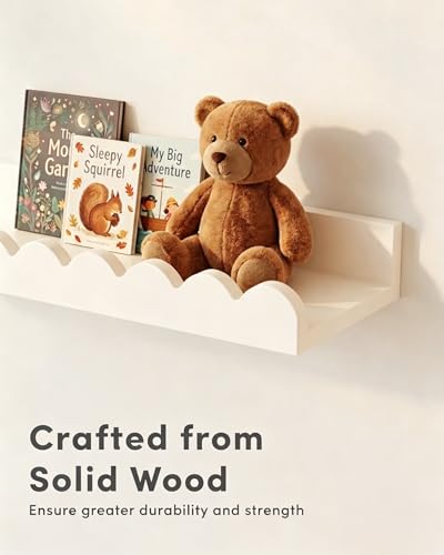 Wall Book Shelves for Bedroom Kids with Hooks - Scalloped Shelves for Nursery Set of 3, Nursery Bookshelf for Wall Room Decor, 16 Inch