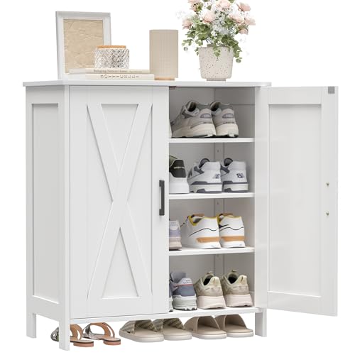 Farmhouse Shoe Cabinet with 2 Barn Doors & Wood Legs | Tall 4-Tier Shoe Storage Cabinet, 3 Adjustable Shelves, Shoe Rack Organizer, for Entryway, Hallway, Closet, White