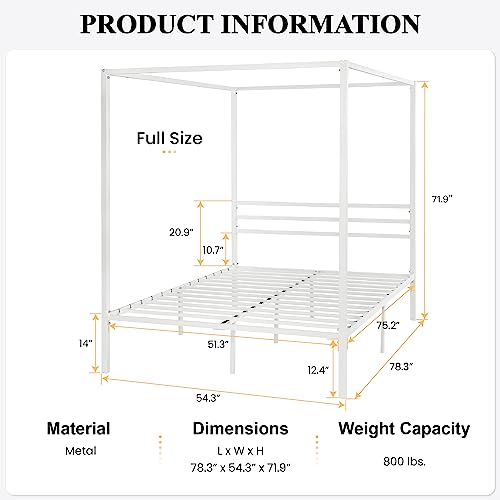 SHA CERLIN Full Size Canopy Bed Frame with Heavy Duty Metal Slats, White