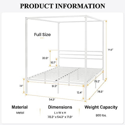 SHA CERLIN Full Size Canopy Bed Frame with Heavy Duty Metal Slats, White