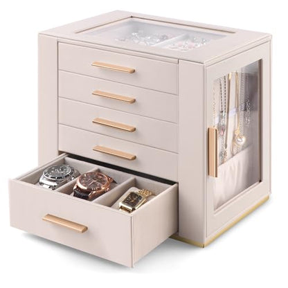Homeanda Jewelry Boxes with Glass Lid, 5-Layer Large PU Leather, Beige | Modern style 10.2 x 7.1 x 9.5 inches vanity storage for rings, earrings, necklaces, bracelets and watches