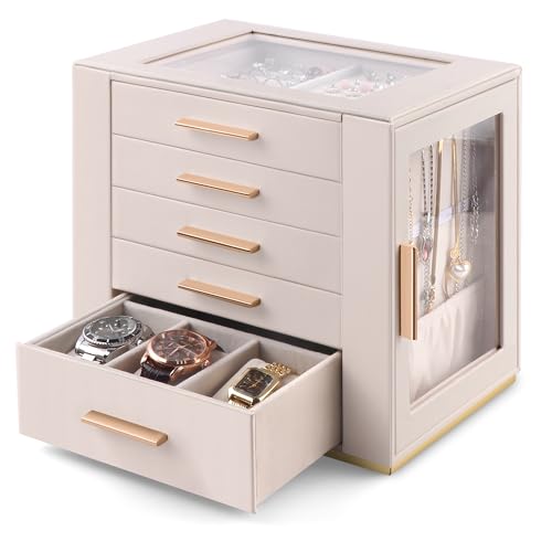 Jewelry Boxes with Glass Lid, 5-Layer Large PU Lea... (Beige | Faux Leather)