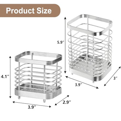 Utensil Holder, Stainless Steel Utensil Drying Rack for Kitchen Counter | Sturdy, Drain Hole, Silverware, Cutlery, Flatware, Forks, Knives, Spoons, Chopsticks, Organizer