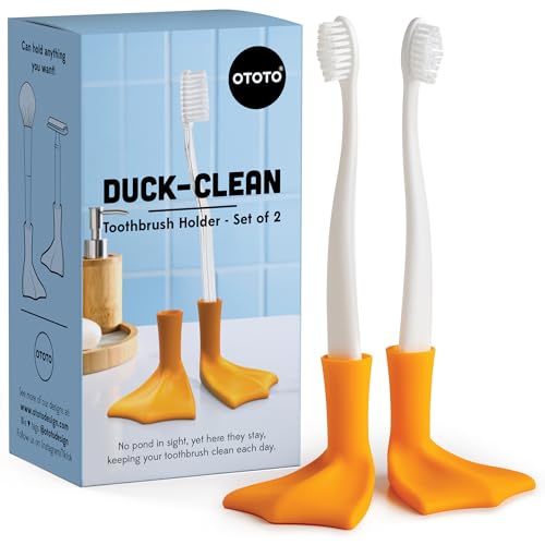 OTOTO Duck Toothbrush Holder Set - 2 Pack - Bathroom Organizer, Funny White Elephant Gifts for Kids - Pencil Holder, Brush Holder (Duck-Clean)