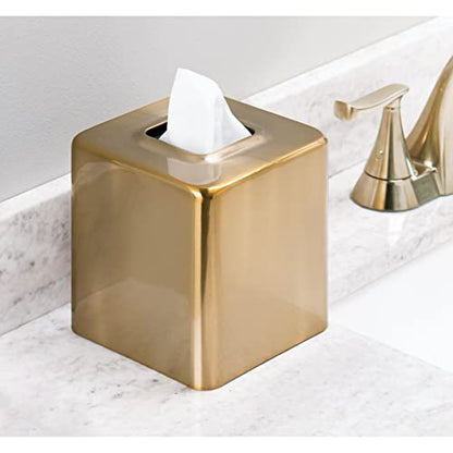 mDesign Metal Square Tissue Box Cover, Modern Facial Paper Holder - Accessories for Bathroom Vanity Countertop, Bedroom Dresser, Night Stand, Desk, Office and End Table - Unity Collection - Soft Brass