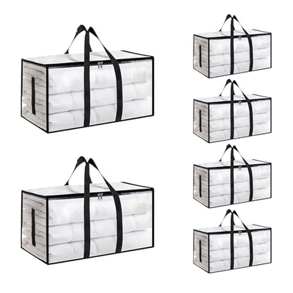 6 Pack-Extra Large Heavy Duty Moving Bags - Waterproof Storage Totes with Handles & Zippers, Foldable for College Dorm, Storage (Clear)