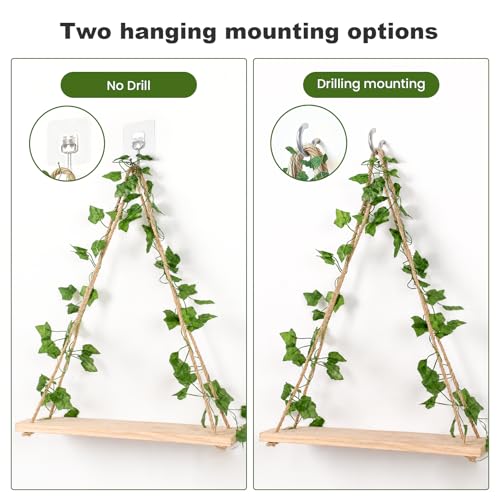 RICHER HOUSE Hanging Floating Shelves No Drill, Macrame Plant Wall Shelf | 2 Set Boho Trinket Shelf with Artificial Ivy and LED Lights, Wall Art Aesthetic Decor, for Bedroom, Dorm, Two-Way Install