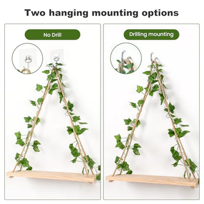 RICHER HOUSE Hanging Floating Shelves No Drill, Macrame Plant Wall Shelf | 2 Set Boho Trinket Shelf with Artificial Ivy and LED Lights, Wall Art Aesthetic Decor, for Bedroom, Dorm, Two-Way Install