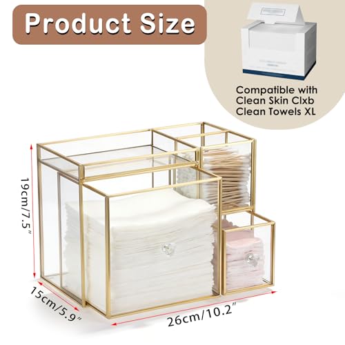 Sumnacon Glass Face Towel Holder with Drawer, Disposable Facial Towels Container with Top Tray, Compatible with Clean Towel XL, Vanity Organizer for Bathroom Skincare Cosmetic Cotton Pads Storage