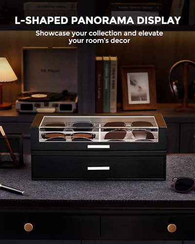 ProCase 12 Slots Sunglasses Box with L-Shaped Clear Lid -Black | Multiple Pairs Glasses Display Organizer Eyewear Eyeglass Eye Glass Storage Holder with Drawer for Men Women