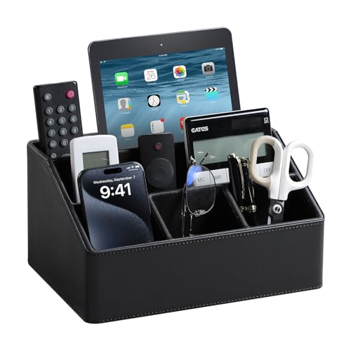 PU Leather Desk Organizer, Remote Control Holder,... (Black | Faux Leather)