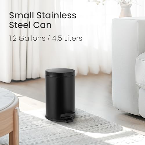 Cesun Small Round Bathroom Trash Can with Lid Soft Close, 1.2 Gal, Black | Removable Inner Bucket, Stainless Steel Garbage Can for Bedroom/Office, Hands-Free Step Pedal, Fingerprint-Resistant