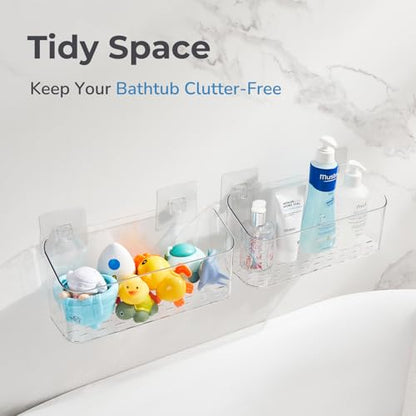 Bath Toy Storage Holder for Bathtub, Clear Bath Toy Organizer Large Capacity Bathtub Toy Storage Shower Caddy for Bathroom (2 Large) | BPA-Free Material, Quick Drainage, Adhesive Wall Mount, Clear Visibility