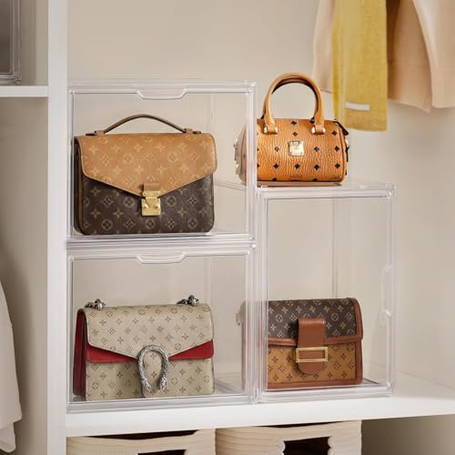 HBlife Purse Storage Organizer for Closet, Clear Stackable Handbag Display Case Box with Magnetic Door for Collectibles, Cosmetics, Women Heels and Toys, Large, 5 Pack