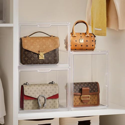 HBlife Purse Storage Organizer for Closet, Clear Stackable Handbag Display Case Box with Magnetic Door for Collectibles, Cosmetics, Women Heels and Toys, Large, 5 Pack