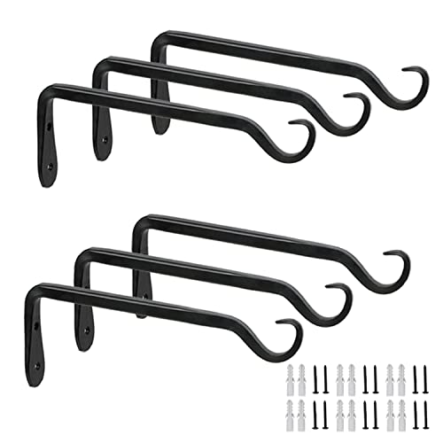 Worth 6-Pack 7" Plant Hanger Bracket, Forged Iron Black Hanging Hooks | Heavy Duty Wrought Hanging Plant Holder for Garden Fence, Wall Hooks for Bird Feeder, Indoor Outdoor Use