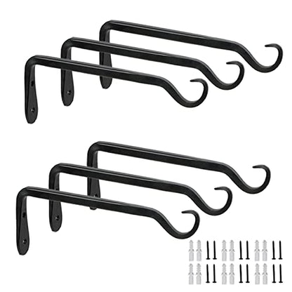 Worth 6-Pack 7" Plant Hanger Bracket, Forged Iron Black Hanging Hooks | Heavy Duty Wrought Hanging Plant Holder for Garden Fence, Wall Hooks for Bird Feeder, Indoor Outdoor Use