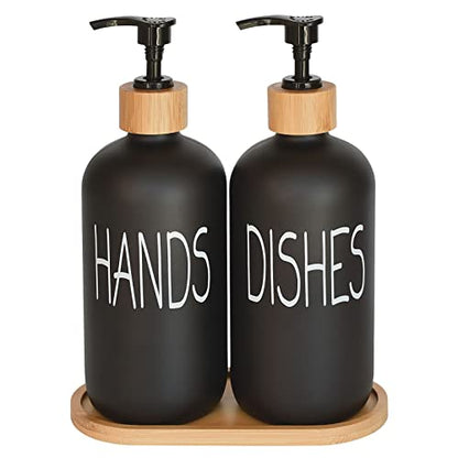 Glass Soap Dispenser Set. Hand and Dish with Bamboo Tray. Vintage Pump for Kitchen Drain Outlet Bathroom. Stylish Permanent Labels (Matte Black)