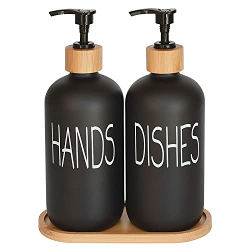 Glass Soap Dispenser Set. Hand and Dish with Bambo... (2 Count | Matte Black)