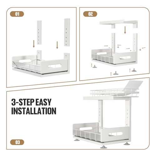 Under Sink Organizer Upgrade To Professional Rails,2-Tier Dual Pull Out Cabinet Storage,Height Adjustable Slide Out Drawers For Bathroom Kitchen,2 Pack-14.5" Dx12.8-16.9" H,White