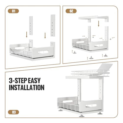 Under Sink Organizer Upgrade To Professional Rails,2-Tier Dual Pull Out Cabinet Storage,Height Adjustable Slide Out Drawers For Bathroom Kitchen,2 Pack-14.5" Dx12.8-16.9" H,White