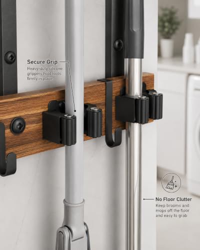 Broom and Mop Holder Wall Mount, 27" Large Organizer with Wood Shelf | Vacuum Holder, 5 Heavy-Duty Grippers, 5 Movable Metal Hooks for Laundry Room, Garage and Utility Closet Organization