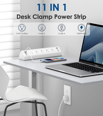 Jgstkcity Desk Clamp Power Strip USB C,Table Surge Protector | 1200J,Total 40W Charging Hub,5 Outlets & 6 USB,6FT Extension Cord,Fits 1.96" Desktop Edge,Office,Gaming,Dorm,White