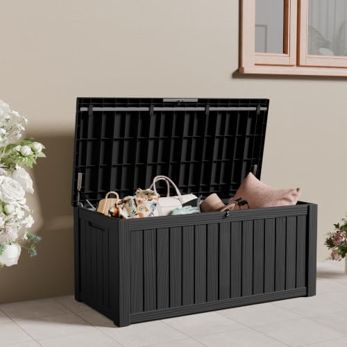 120 Gallon Outdoor Storage Box, Waterproof Resin Deck Box for Indoor & Outdoor Use, Lockable Storage Bench with Piston Hinge, Storage Bin for Patio Cushions, Garden Tools, Package Delivery