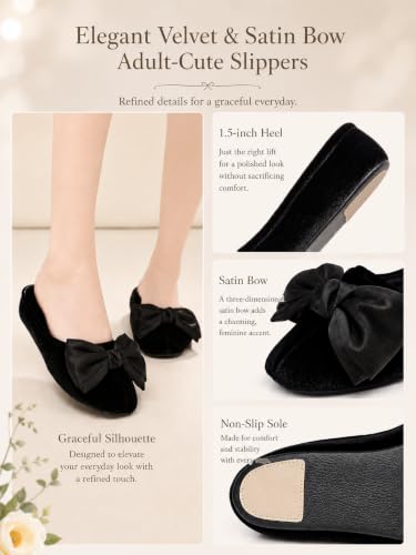 House slippers for women 1.5inch heel lift Bow Sli... (Black)