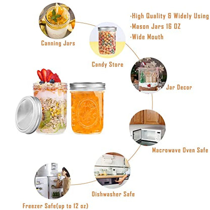 16 oz Wide Mouth Glass Mason Jars with Lids, 6 Pack for Canning