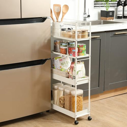 KINGRACK 4 Tier Slim Rolling Cart, Metal Utility Storage Cart with Wheels | 5.7" Raised Edge, Narrow Space Trolley Organizer for Bathroom, Kitchen, Office, Dorm, Laundry, Living Room, White