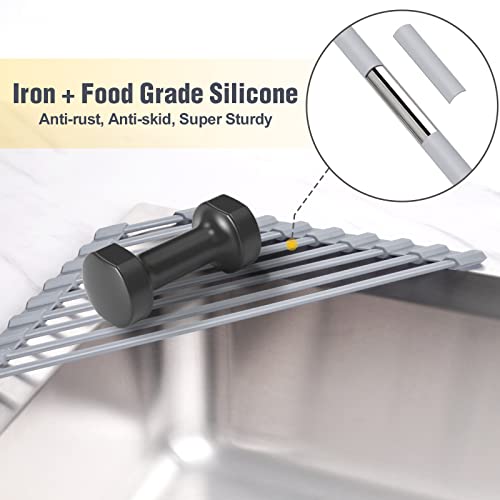 Tomorotec Triangle Roll Up Dish Drying Rack with Silicone Coating, Gray | 304 Stainless Steel with BPA-Free Silicone, Triangle Design Maximizes Sink Corner Space, Fits Compact Kitchens And RVs