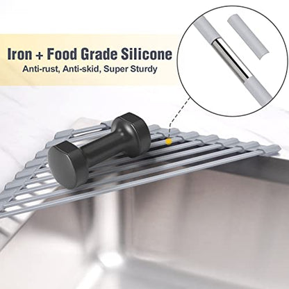 Tomorotec Triangle Roll Up Dish Drying Rack with Silicone Coating, Gray | 304 Stainless Steel with BPA-Free Silicone, Triangle Design Maximizes Sink Corner Space, Fits Compact Kitchens And RVs
