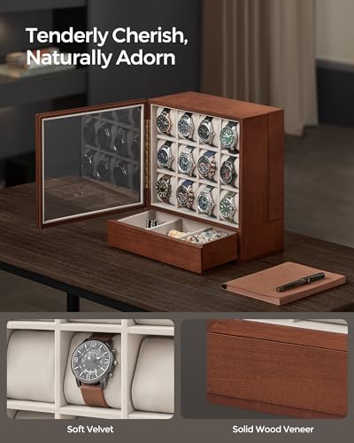SONGMICS Watch Box 12-Slot Watch Display Case with Window | Solid Wood Veneer, Velvet Lining, Vertical Storage, Space Saving, Gift Idea, Coffee Brown, UJOW014K01