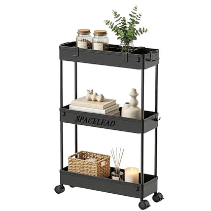 Slim Storage Cart 3 Tier,Bathroom Organizer Rolling Utility,Mobile Shelving Unit Slide Out for Office, Kitchen, Laundry Room & Narrow Places,Black
