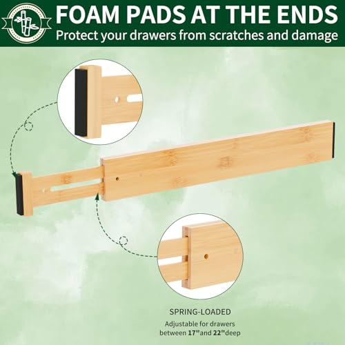 Dunruz Bamboo Drawer Dividers 2.6" High,17"-20" Adjustable Spring Loaded Clothes Drawer Organizers for Kitchen, Dresser, Bathroom, Bedroom and Office
