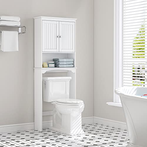 Spirich Over The Toilet Storage Cabinet with Doors, Bathroom Organizer | White, Adjustable Shelf, Anti-Tip Fitting, FSC-Certified MDF, Beadboard Design, 33.3" Toilet Clearance, Adjustable Crossbar