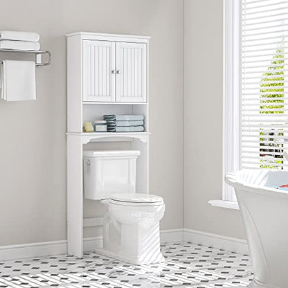 Spirich Over The Toilet Storage Cabinet with Doors, Bathroom Organizer | White, Adjustable Shelf, Anti-Tip Fitting, FSC-Certified MDF, Beadboard Design, 33.3" Toilet Clearance, Adjustable Crossbar