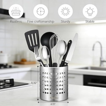 SUS304 Small Stainless Steel Utensil Holder for Countertop, Silver | 18/8 Stainless Silverware Utensil Drying Rack, Sturdy Rust Resistant, 5.32inch Tall, Dishwasher Safe