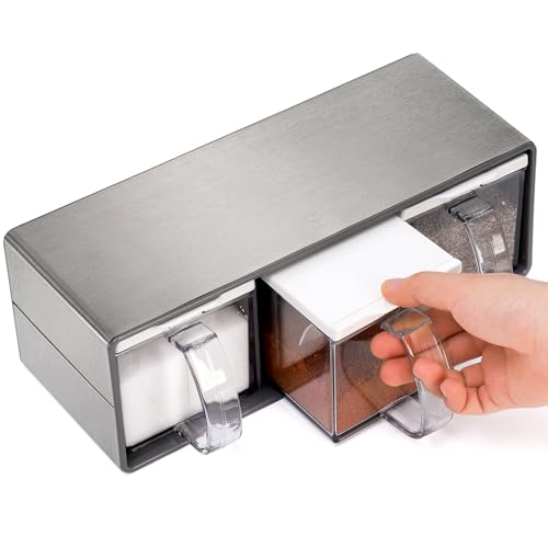 3 Grids Seasoning Organizer Box, Stainless Steel Salt Container with Lid and Spoon, Seasoning Containers with Stainless Steel Rack for Home, Kitchen, Cafe, Storing Salt, Sugar, Pepper, Spice