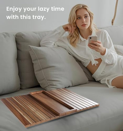 Acacia Wood Folding Sofa Arm Tray with Anti-Slip Pad | Couch Armrest Tray,Foldable,for Drinks,Snacks,Phone,Remote Control,Space Saving Storage, No Assembly,Gift box