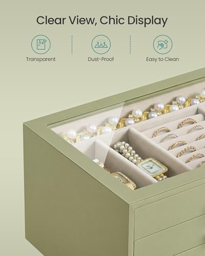 SONGMICS Jewelry Box with Glass Window, 3-Layer Organizer | Jewelry storage organizer with 3 drawers, Golden Handles, for Rings, Earrings, Bracelets, Gift Idea, Sage Green UJBC206CE01S