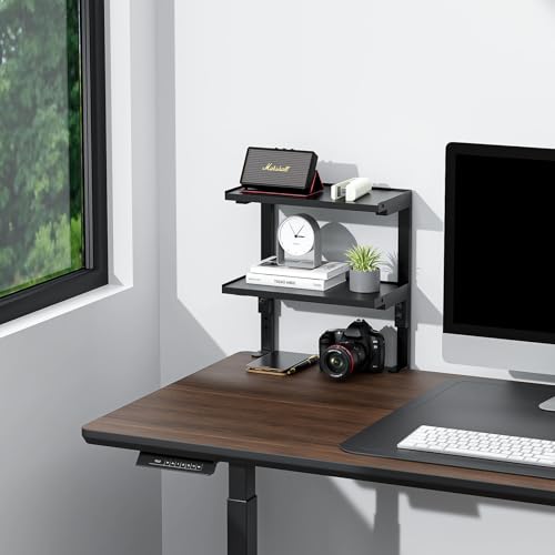 2 Tier Clamp on Desk Shelf | Office Desk Shelves Organizer, Wood Desktop Supplies Storage Rack, Desk Organizers and Accessories (Black)