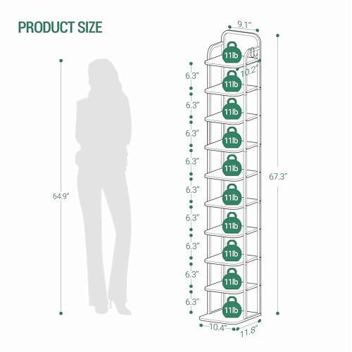 Hzuaneri Vertical Shoe Rack, Shoe Shelves, Wood Shoe Organizer for Closet, Entryway, Shoe Tower for Small Spaces, Free Standing, Adjustable, with 2 Hooks, 10 Tier Black SR11204B