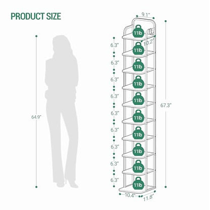 Hzuaneri Vertical Shoe Rack, Shoe Shelves, Wood Shoe Organizer for Closet, Entryway, Shoe Tower for Small Spaces, Free Standing, Adjustable, with 2 Hooks, 10 Tier Black SR11204B