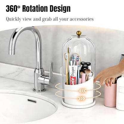 JEESA Dustproof Toothbrush Holder with Cover, Transparent/White | 360° Rotating, 180° Sliding Lid, 3 Slots, Toothbrush Organizer, for Bathroom Countertop