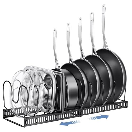 Expandable Pots and Pans Organizer under Cabinet with 10 Dividers | Extends 12"-23", Holds pot lids, pans cookware inside Cabinet, rack with pot lid organizer, Space-saving for kitchen cabinets