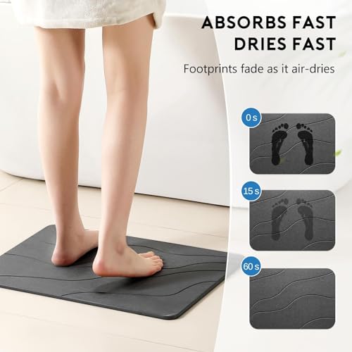 Stone Bath Mat, Quick-Dry Diatomaceous Earth Shower Mat, Absorbent Bathroom Mat for Shower/Tub Exit, New Apartment Essential & Housewarming Gift, 23.5" x 15.5" Dark Gray Wave