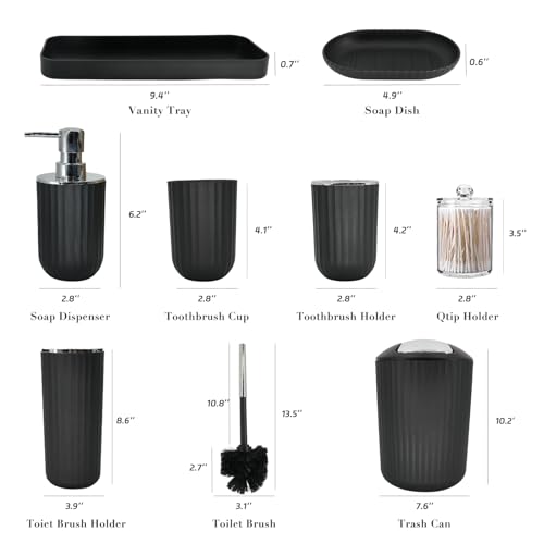 Black Bathroom Accessories Set, 10Pcs Bathroom Accessory Sets Complete with Trash Can, Shower Curtain, Vanity Tray, Soap Dispenser, Soap Dish, Toothbrush Holder&Cup, Toilet Brush&Holder, Qtip Holder