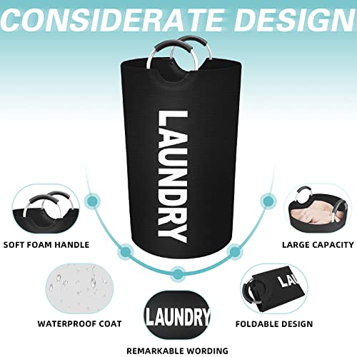 90L Large Laundry Basket, Dirty Clothes Waterproof Laundry Hamper, Black | Collapsible Laundry Basket with Foam Protected Aluminum Handles for Laundry Dorm Family, Black Dirty Clothes Hamper